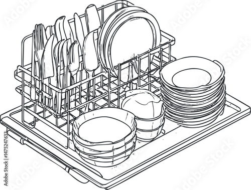 Black and white line drawing of a dishwasher rack filled with plates, bowls, and cutlery organized for cleaning