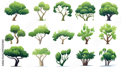 Fototapeta Naklejka Na Ścianę i Meble -  Abstract Tree Collection Pack Cartoon Vector Illustration - Variety of Tree Designs for Creative Projects