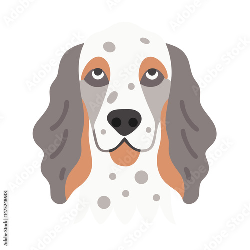 Flat illustration of an English Setter dog portrait on black