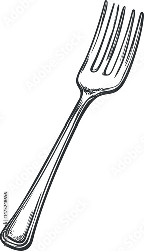 Black and white hand-drawn illustration of a fork with four tines isolated on white background