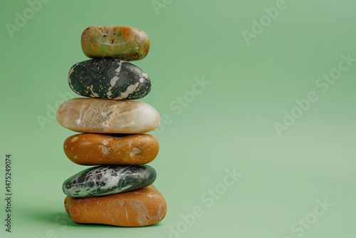 A serene stack of colorful stones on a soft green background, symbolizing balance and harmony.