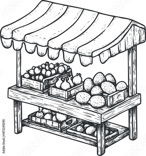 Hand drawn black and white illustration of a wooden fruit market stall with crates of fresh apples pears and mangoes for sale