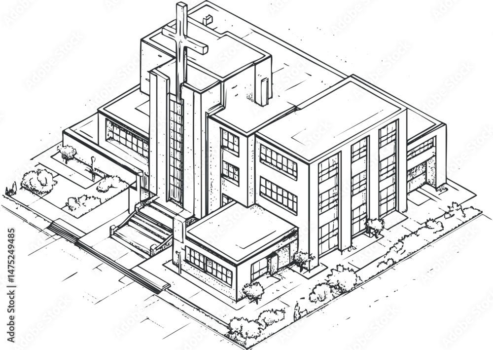 Isometric sketch of a modern church building with a large cross and surrounding landscaping Isometric sketch of a modern church building with a large cross and surrounding landscaping