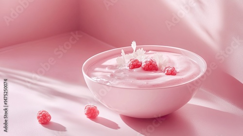 Pink bowl of creamy yogurt with raspberries and milk splash.