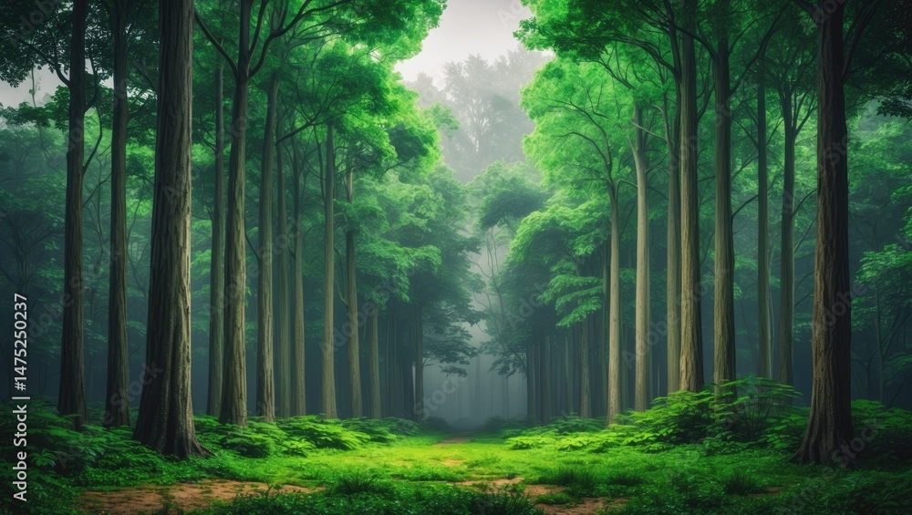 Fototapeta premium Grand forest scene showcasing tall green trees, plentiful bright green leaves, and rich greenery