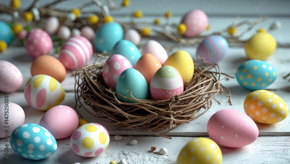 Colorful Easter Eggs Arranged in a Nest on Old Wood Background with Text Space Colorful Easter Eggs Arranged in a Nest on Old Wood Background with Text Space