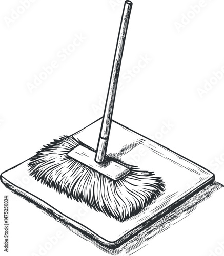 Black and white sketch of a mop with a long handle resting on a flat surface for cleaning floors