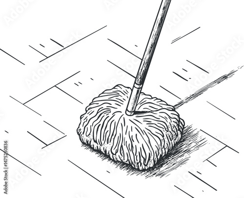 Black and white line art illustration of a mop cleaning a wooden floor surface for household maintenance