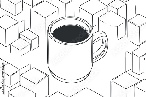 Outline drawing of a white coffee cup filled with black coffee surrounded by abstract cube shapes.