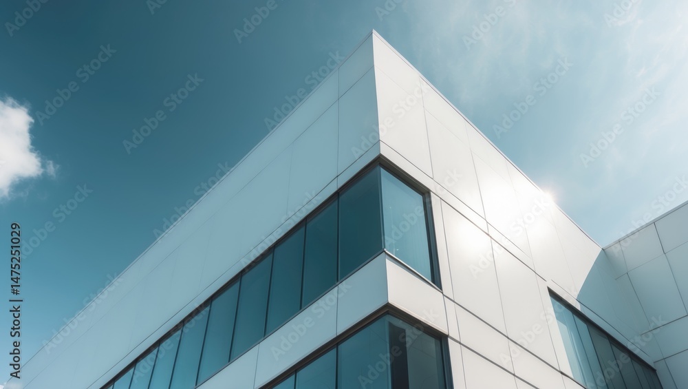 Office edifice with white aluminum composite panels and a facade made of glass and metal, reflecting abstract modern architectural style. Office edifice with white aluminum composite panels and a facade made of glass and metal, reflecting abstract modern architectural style.