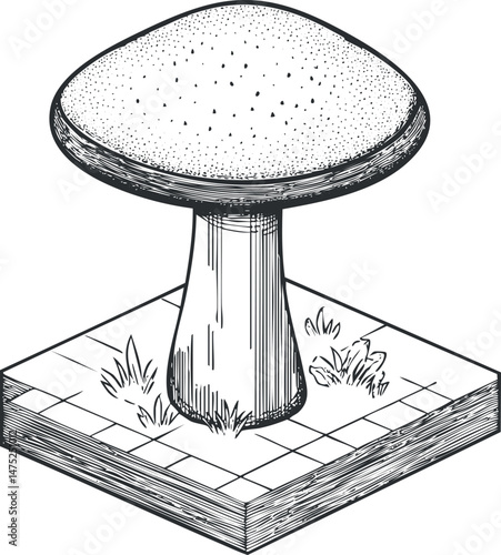 Black and white detailed illustration of a mushroom with a large cap and thick stem growing on a patch of ground