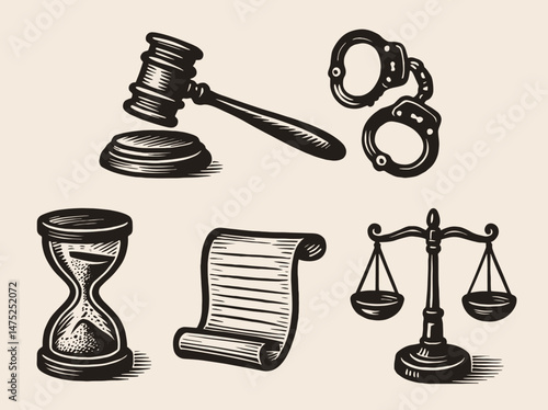 Law justice symbols set engraving style black on beige