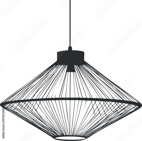 Black wireframe modern pendant lamp hanging from ceiling for interior lighting and decoration