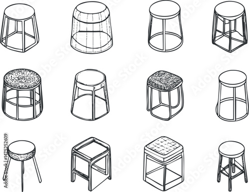 Hand-drawn black and white sketches of various wooden stools with round and square seats in different styles and designs