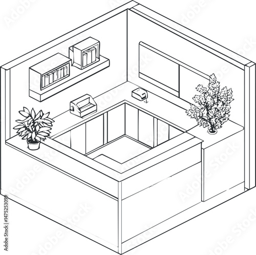 Isometric view of a modern office reception desk with plants, shelves, and workspace organization