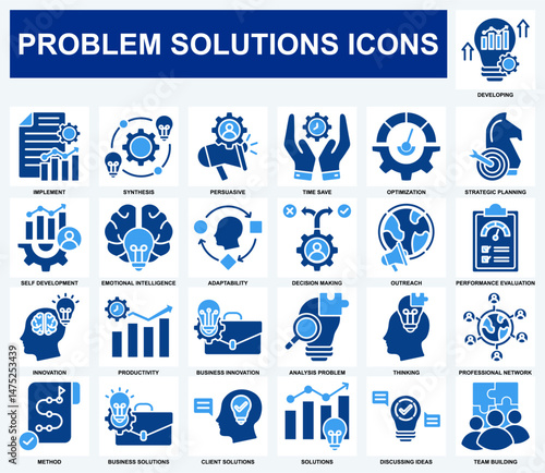 Problem Solutions icon set collection. Containing design Developing, Implement, Solutions, Innovation, Strategic Planning, Analysis Problem