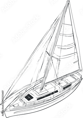 Black and white line drawing of a sailboat with sails and mast, detailed yacht illustration