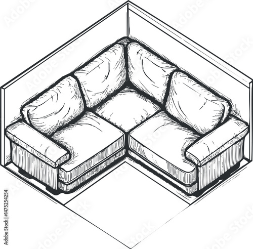 Black and white sketch of a corner sectional sofa in a living room corner with cushions and armrests