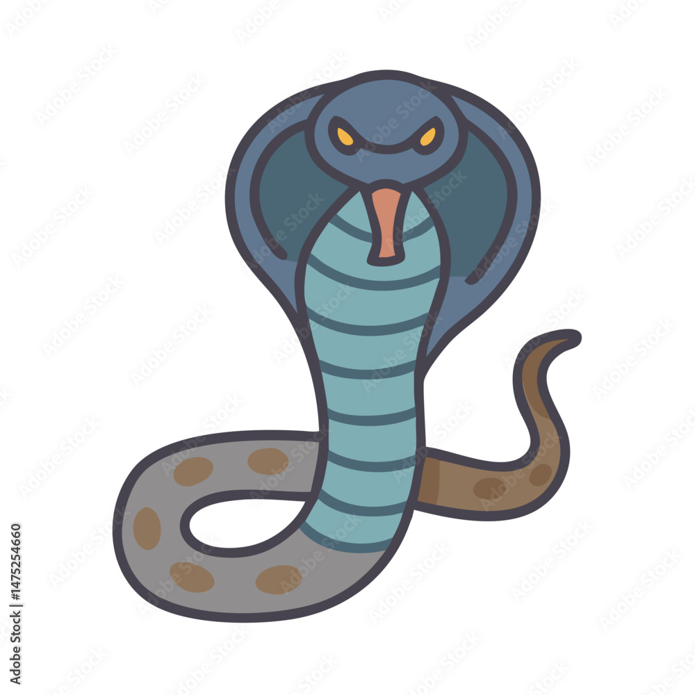 Fototapeta premium Stylized cartoon cobra with spread hood on black background