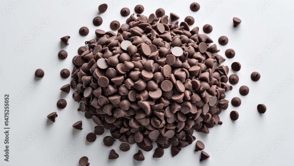 Fototapeta premium Chocolate chip morsels arranged in a pile viewed from the top against a white background