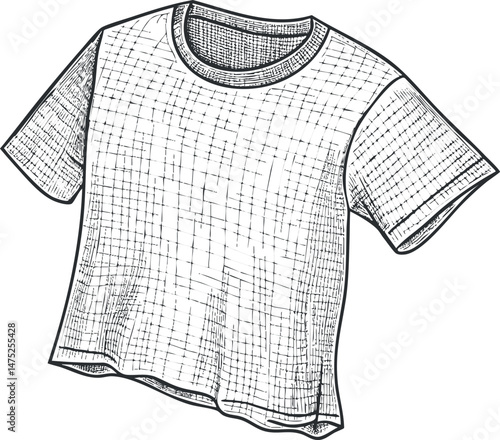 Hand drawn illustration of a casual white t shirt with short sleeves and a round neckline