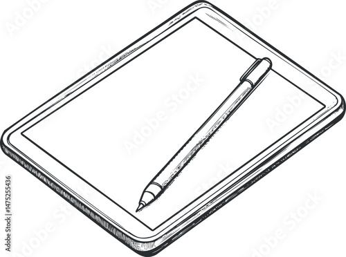 Black and white sketch of a digital tablet with a stylus pen resting on its screen for drawing and writing