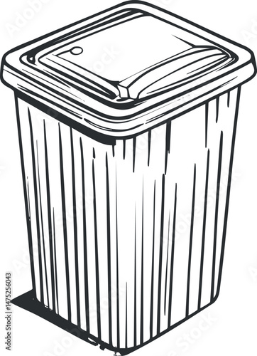 Black and white sketch of a trash bin with lid used for garbage disposal and waste management