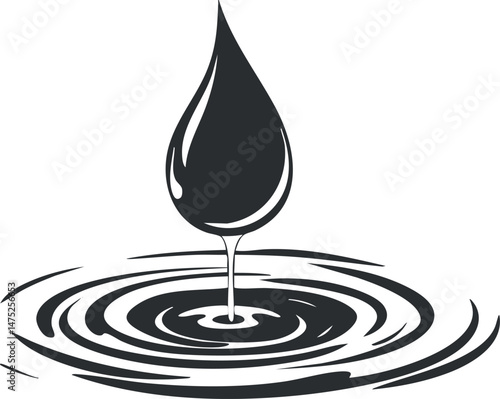 Black and white illustration of a single water drop creating ripples on a water surface