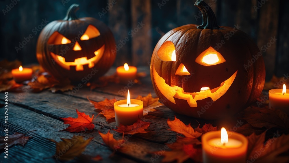 Fototapeta premium Festive Halloween design featuring burning candles in carved pumpkins on wooden surface