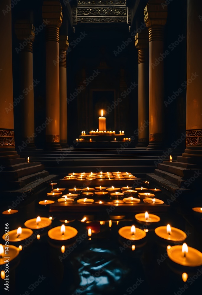 Lit Candles in a Columned Hall
