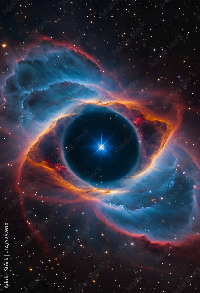 Nebula with Central Dark Region and Surrounding Gaseous Clouds