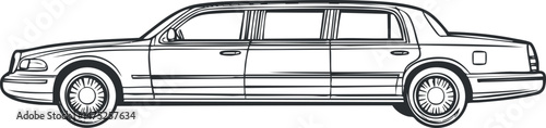 Black and white side view illustration of a classic luxury limousine car with long body and elegant design