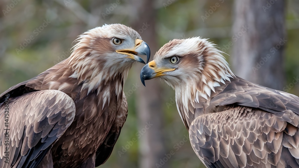 Obraz premium Two eagles face each other in a close-up shot, their beaks almost touching. The image showcases the intricate details of their feathers and intense expressions.