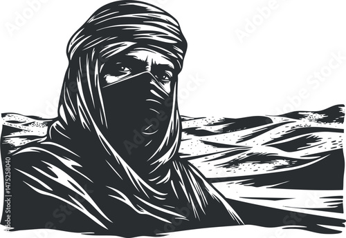 Black and white illustration of a man wearing a turban and face cover standing in a desert with sand dunes in the background.