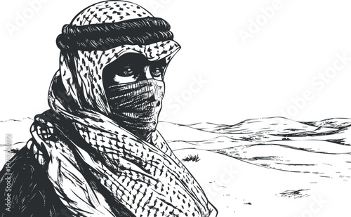 Black and white illustration of a man wearing traditional desert clothing and face covering in arid landscape