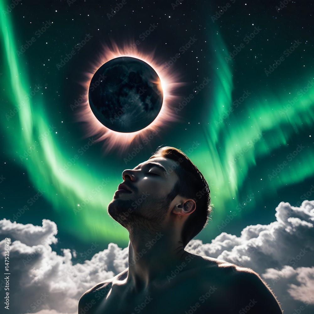 Man, Solar Eclipse, and Aurora Borealis Composite Image
