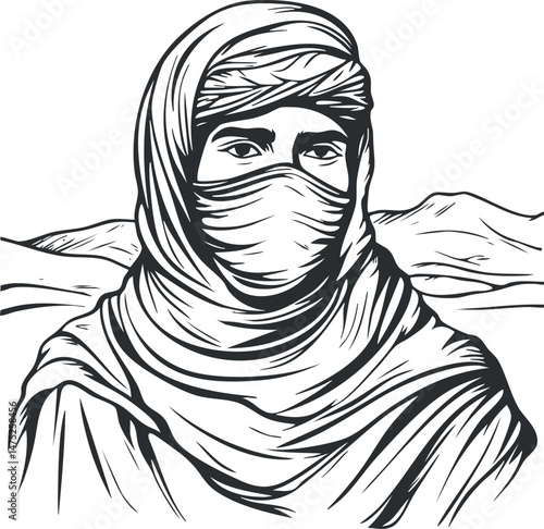 Black and white illustration of a man wearing traditional desert clothing and face covering with mountains in background