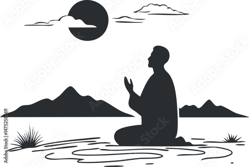 Silhouette of a man praying outdoors near water with mountains and moon in the background