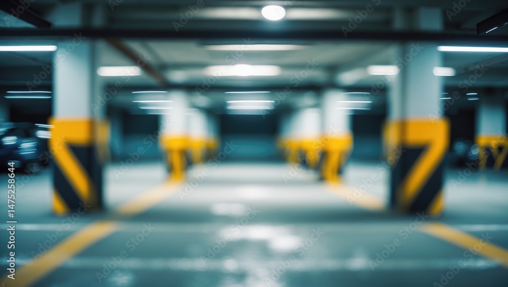 Fototapeta premium Soft-focus image of an underground parking garage for vehicles.