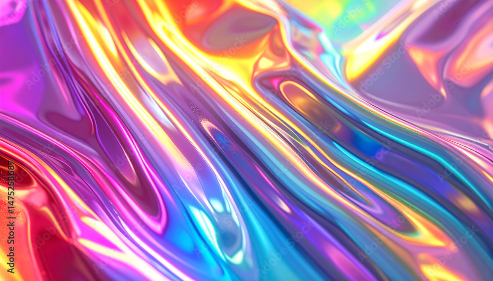 Fototapeta premium 虹色プリズムのホログラム,メタリック背景,Holographic,metallic,background,flowing,prismatic,rainbow,colors,glossy,