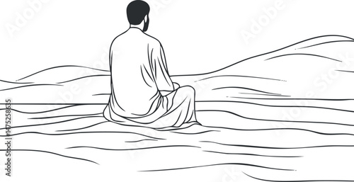 Sketch of a man sitting alone in a desert landscape with sand dunes and a calm horizon.