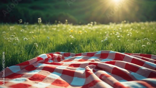 Leisure theme illustrated by a picnic duvet laid out on a grassy, flowery meadow