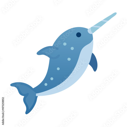 Flat cartoon illustration of a narwhal swimming in deep ocean