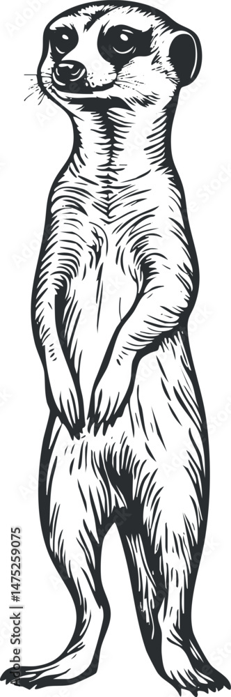 Obraz premium Black and white detailed illustration of a standing meerkat with alert expression and fur texture