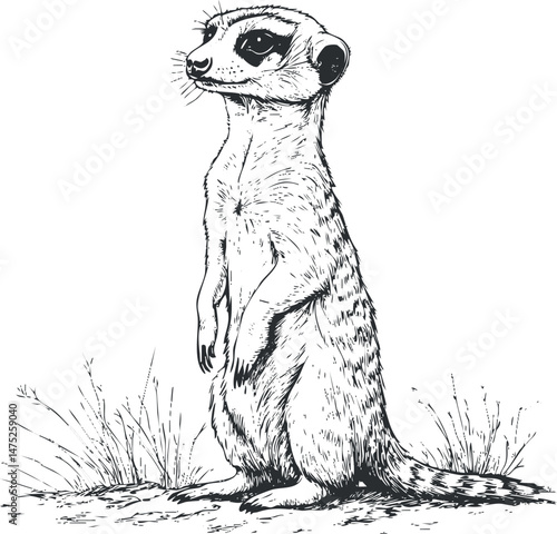 Black and white hand-drawn illustration of a meerkat standing alert in natural habitat