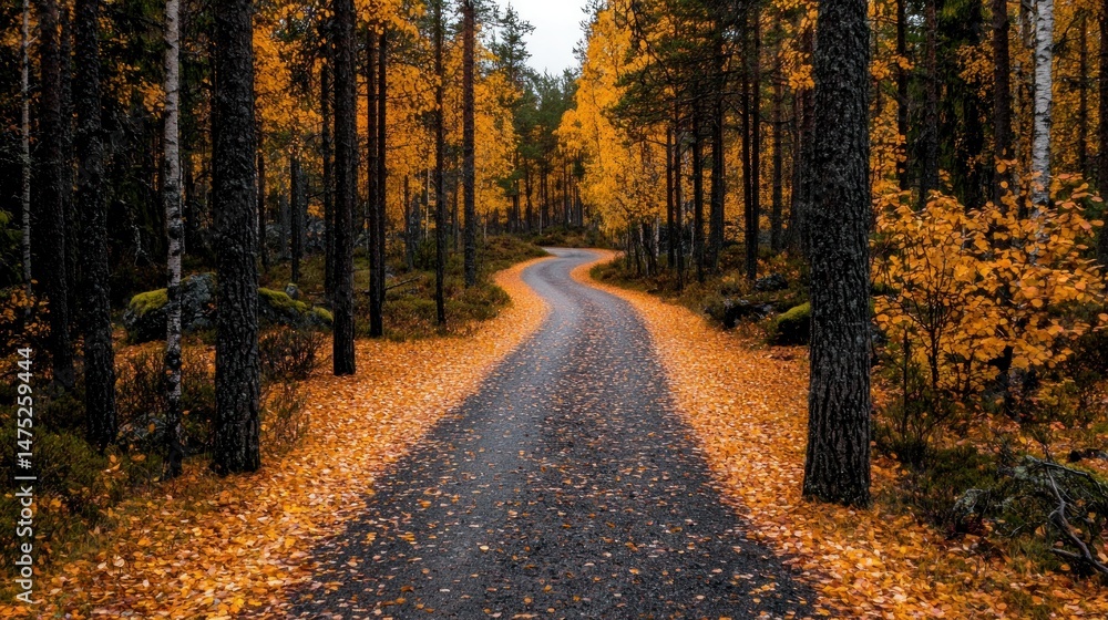 Obraz premium A winding road through a vibrant forest during the autumn season