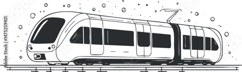 Modern light rail tram train traveling on railway tracks with urban public transportation design