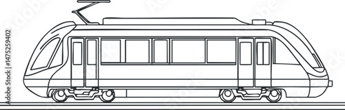 Black and white line drawing of a modern electric tram or train car on railway tracks for urban public transportation