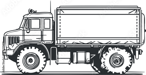 Black and white outline illustration of a heavy cargo truck side view for transportation and delivery