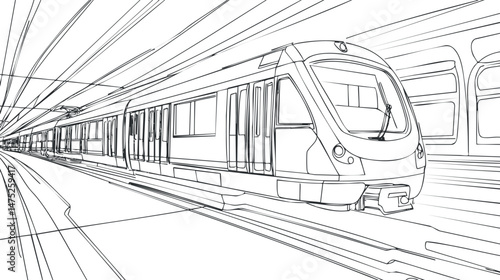 Modern subway train speeding through an urban transit station on railway tracks for public transportation